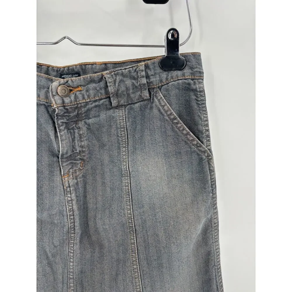 Vintage American Eagle Skirt Womens 8 Gray Blue Denim Jean Stripe Y2K 90s Pocket